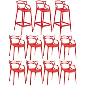 Kit 8 Cadeiras + 3 Banquetas Altas Masters Allegra Vermelho Vermelho