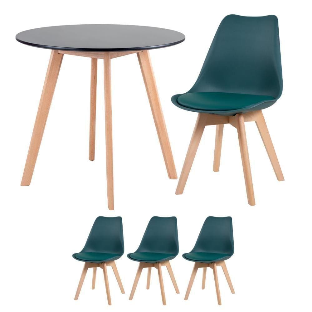 Mesa Redonda 80cm Preto + 3 Cadeiras Verde Escuro
