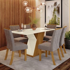 Conjunto Sala de Jantar Mesa 160cm Tampo MDF com Vidro 6 Cadeiras Lupita Casa 812