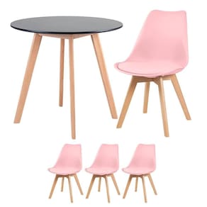 Mesa Redonda 80cm Preto + 3 Cadeiras Rosa Claro
