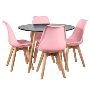 Mesa Redonda 100cm Preto + 4 Cadeiras Rosa Claro