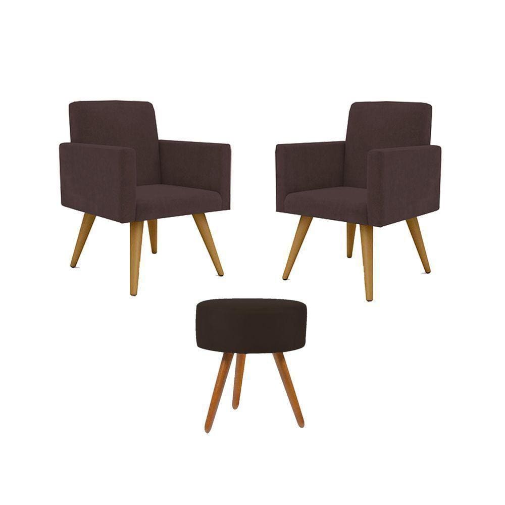 Jogo 02 Poltronas + Puff Redondo marrom