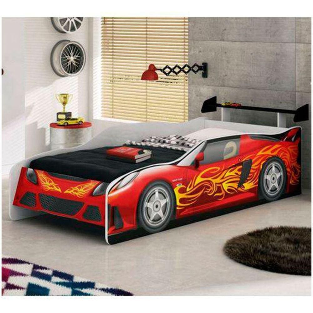 Cama Infantil Sport Car Estrela Branco Com Vermelho E Preto