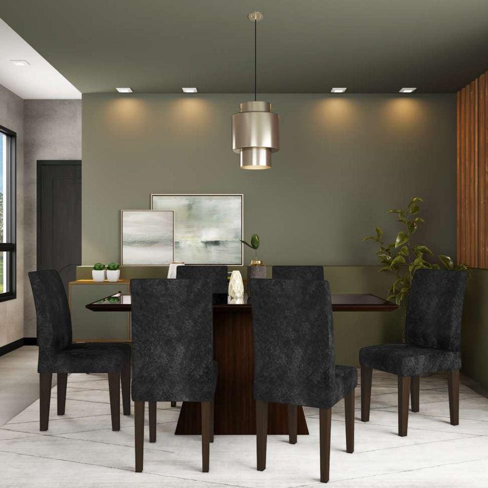 conjunto de mesa de jantar rebecca ii com vidro e 6 cadeiras grécia suede castor e preto