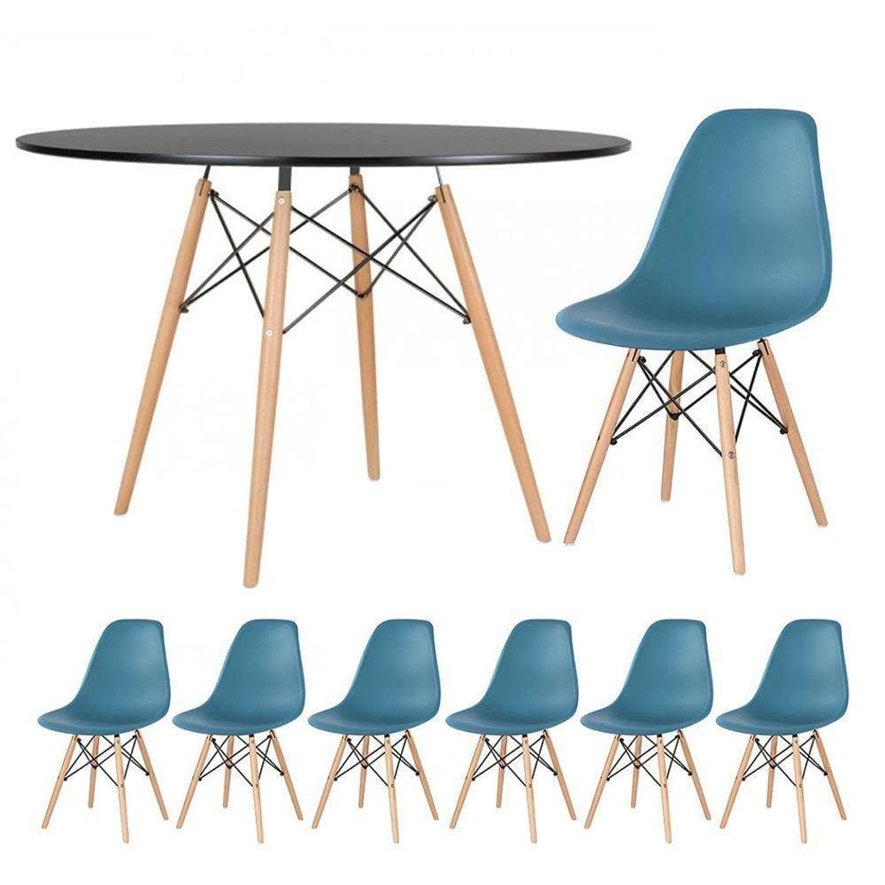 Mesa Redonda Eames 120cm Preto + 6 Cadeiras Turquesa