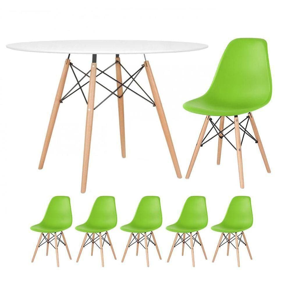 Mesa Redonda Eames 120cm Branco + 5 Cadeiras Verde Claro