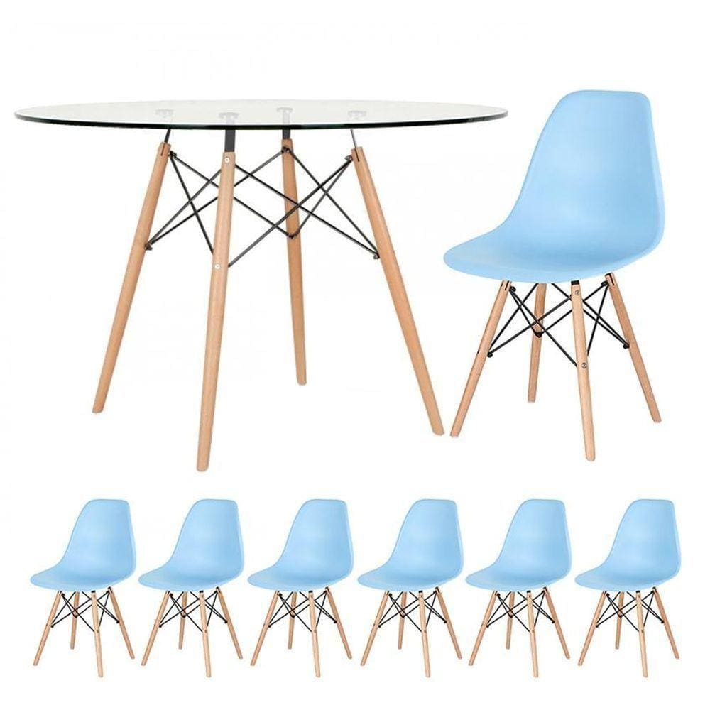 Mesa Redonda Eames 120cm + 6 Cadeiras Azul Claro