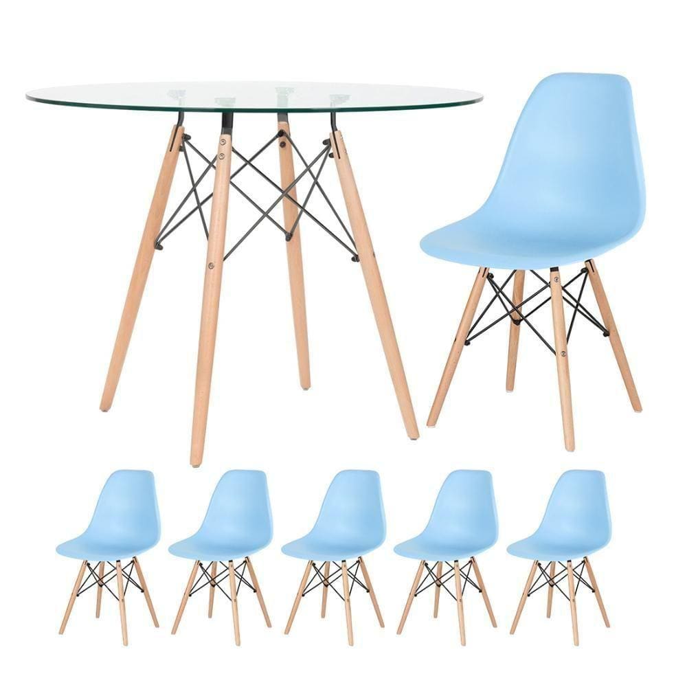 Mesa Redonda Eames 100cm + 5 Cadeiras Azul Claro Azul-Claro