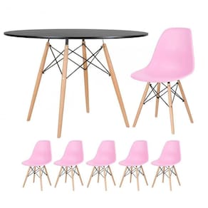 Mesa Redonda Eames 120cm Preto + 5 Cadeiras Rosa Claro