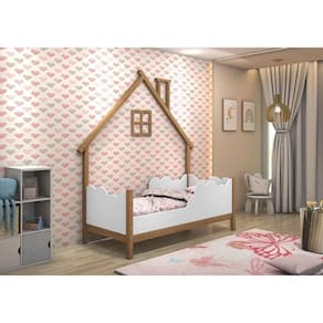 Mini Cama Infantil Cristal Nuvem Casinha E Chaminé Menina Freijó/Branco