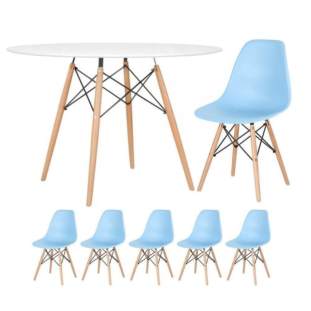 Mesa Redonda Eames 120cm Branco + 5 Cadeiras Azul Claro
