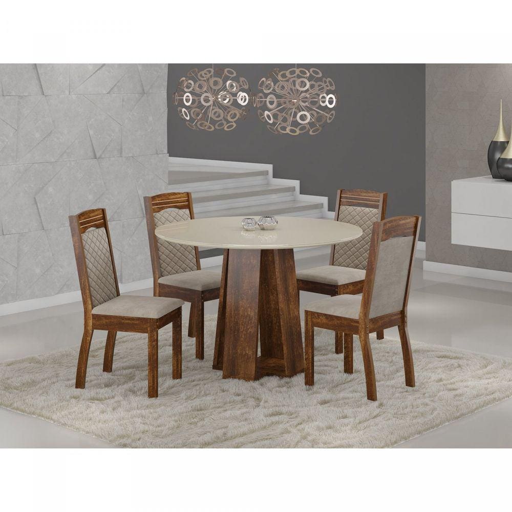 Conjunto Sala de Jantar Mesa Tampo de Vidro 4 Cadeiras Espanha Yescasa  Ypê/Suede Bege