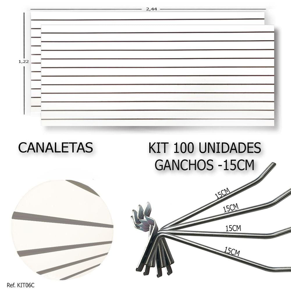 2 Paineis Canaletados 2,44 X 1,22 + 100 Ganchos 15Cm + Canaleta Cinza