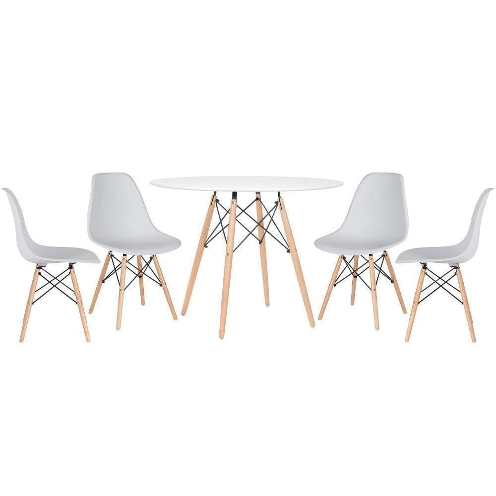 Mesa Redonda Eames 100cm Branco + 4 Cadeiras Cinza Claro