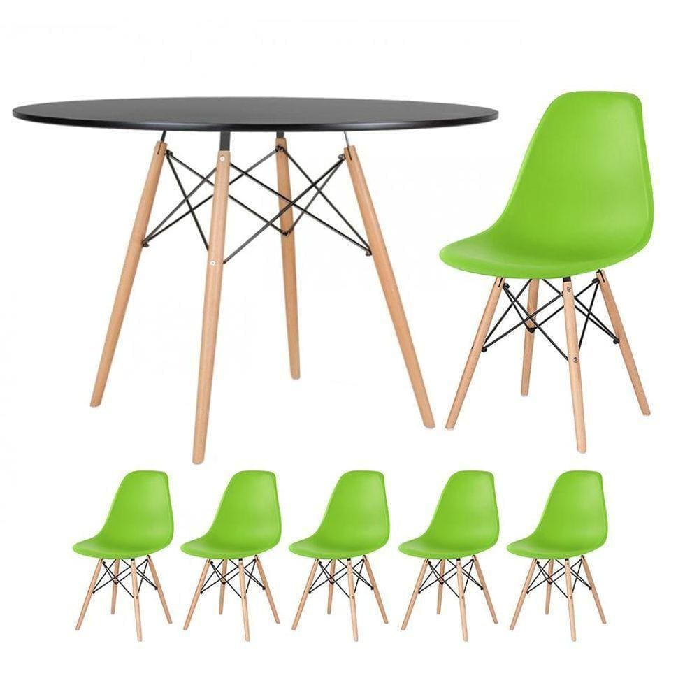 Mesa Redonda Eames 120cm Preto + 5 Cadeiras Verde Claro