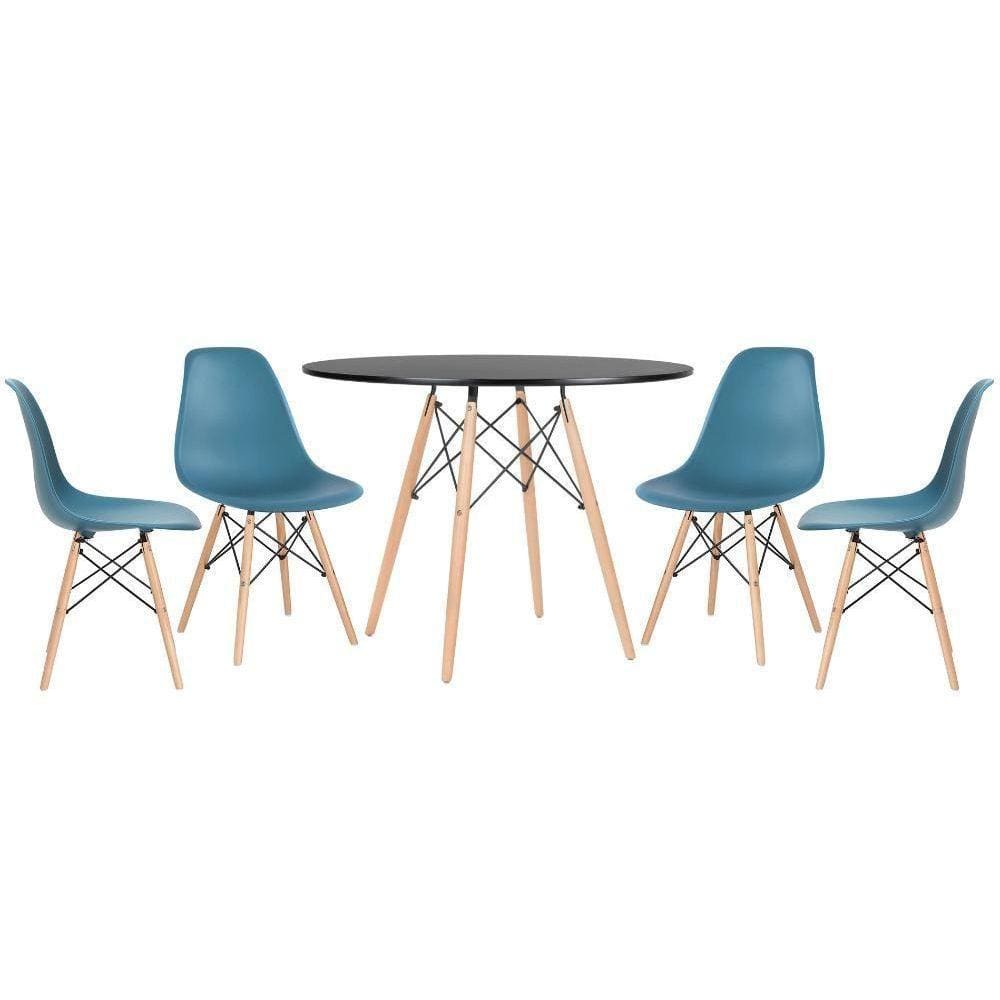 Mesa Redonda Eames 100cm Preto + 4 Cadeiras Turquesa