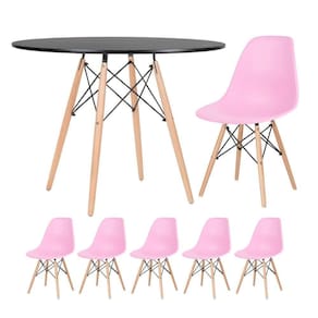 Mesa Redonda Eames 100cm Preto + 5 Cadeiras Rosa Claro