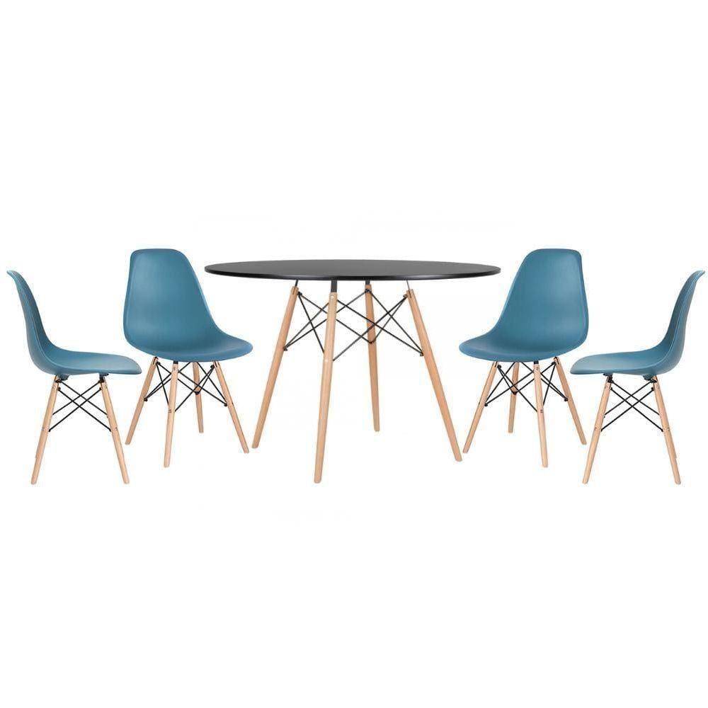 Mesa Redonda Eames 120cm Preto + 4 Cadeiras Turquesa