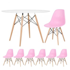 Mesa Redonda Eames 120cm Branco + 6 Cadeiras Rosa Claro
