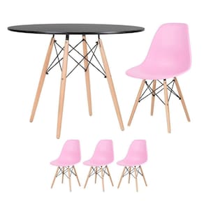 Mesa Redonda Eames 100cm Preto + 3 Cadeiras Rosa Claro