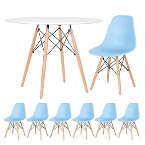 Mesa Redonda Eames 100cm Branco + 6 Cadeiras Azul Claro