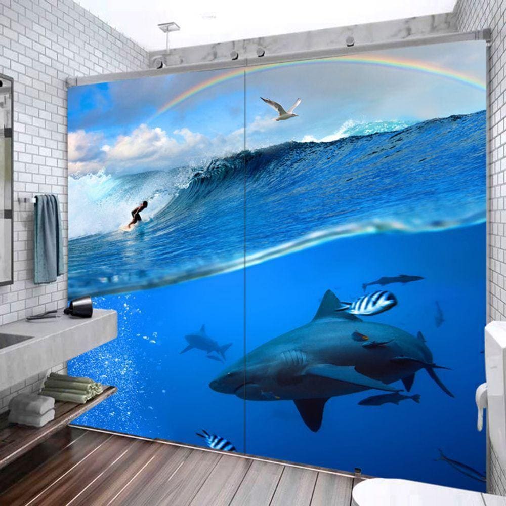 Adesivo De Box Branco Brilho 4x2 M Oceano Tubarão