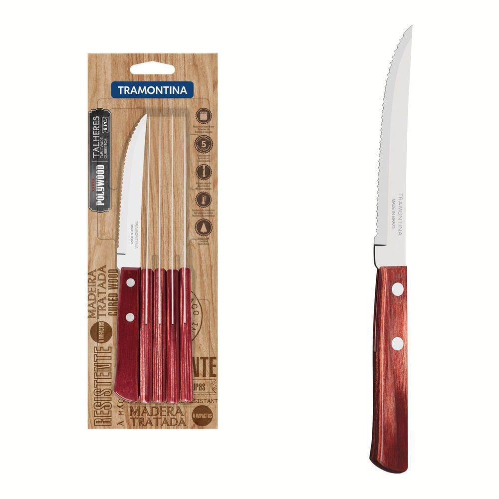 Conjunto de Facas para Churrasco Tramontina com Lâminas em Aço Inox e Cabos em Madeira Polywood Vermelho 6 Peças Tramontina