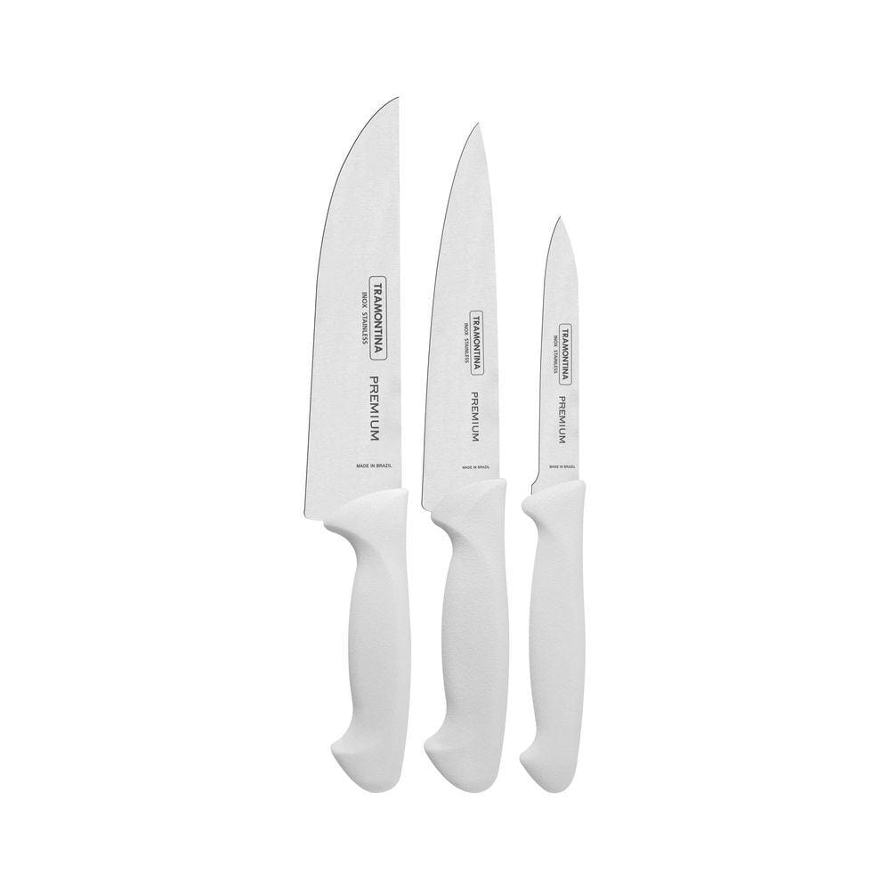 Jogo de Facas Tramontina Premium com Lâminas em Aço Inox e Cabos de Polipropileno Branco 3 Peças Tramontina