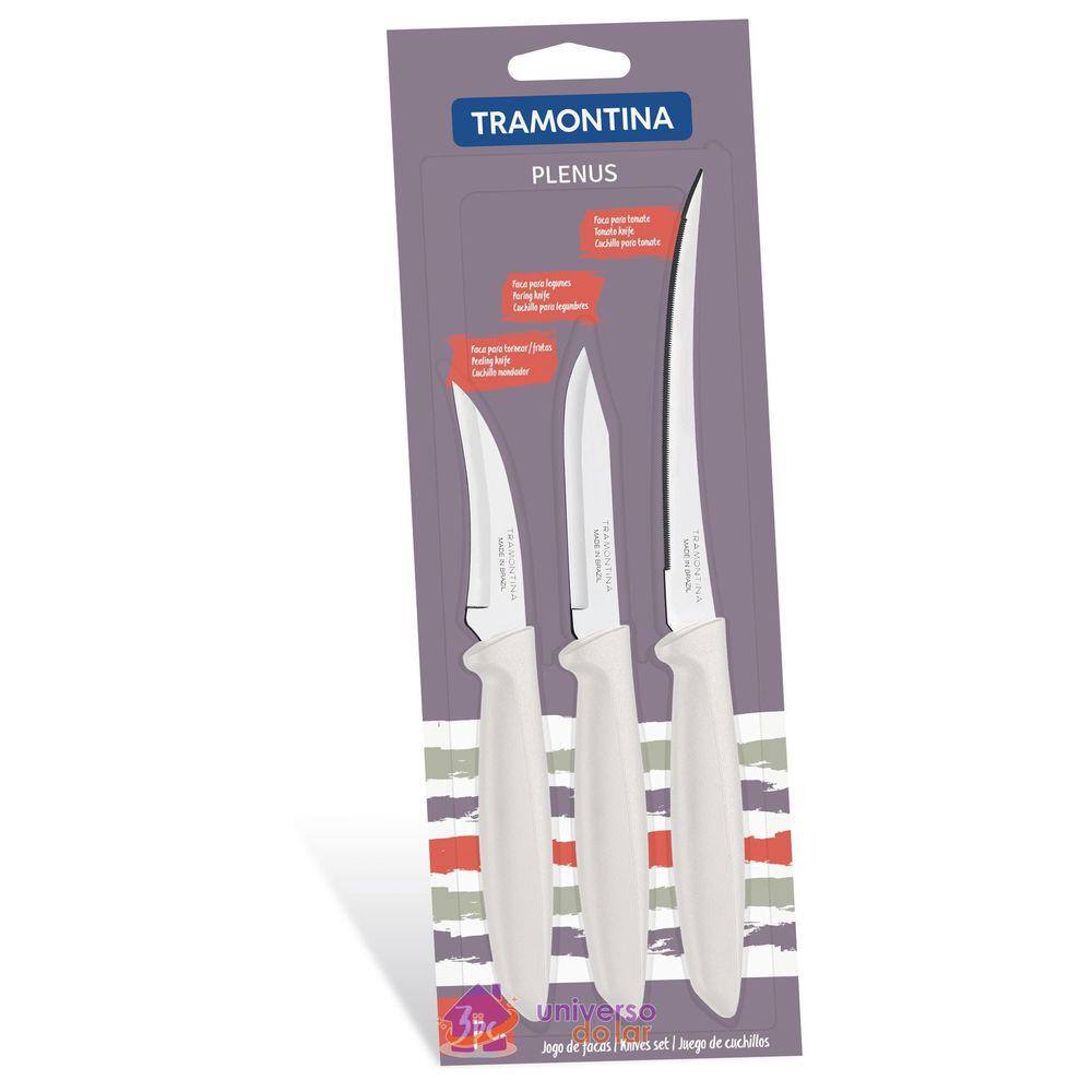 Jogo de Facas Tramontina Plenus com Lâminas em Aço Inox e Cabos de Polipropileno Off White 3 Peças Tramontina