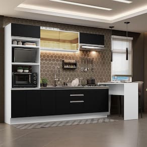 Cozinha Completa Madesa Glamy 315001 com Armário e Balcão (Sem Tampo e Pia) - Branco/Preto