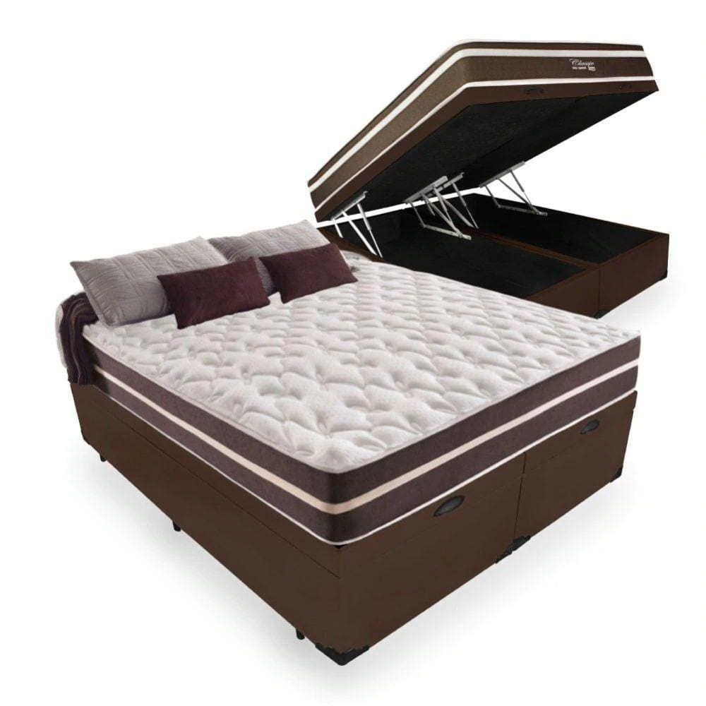 Cama Box Baú Queen 158 Tecido Sintético Marrom com Colchão Little Angel - Bello Box - Mola Superlastic 22x158x198cm