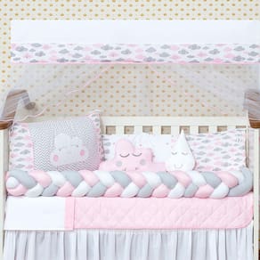 Kit Mini Berço Nuvem Trança Menina Com Saia Box 10 Peças Rosa
