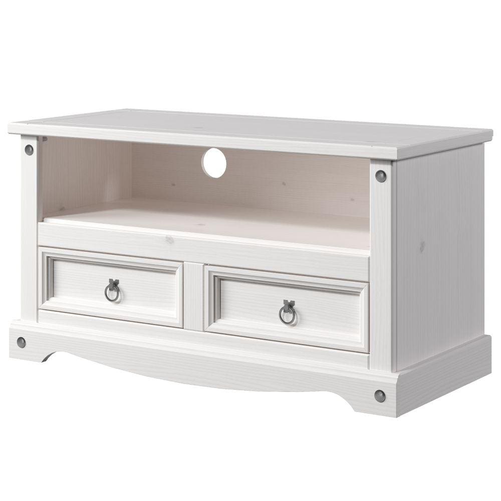 Rack de Madeira Maciça com 2 Gavetas Branco Lavado
