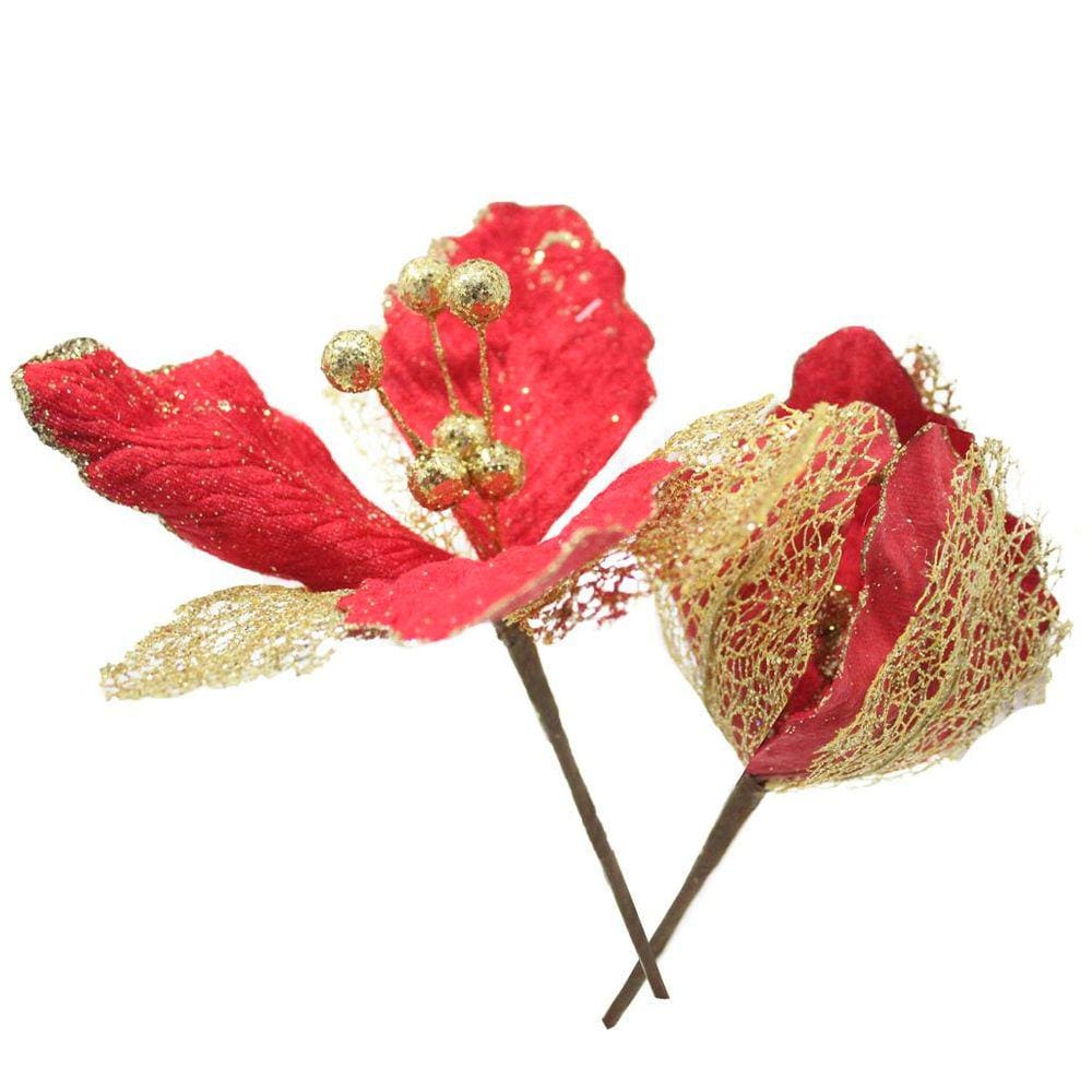 Kit 8 Flores Com Cabo Artificial Decoração De Natal Com Glitter 27cm