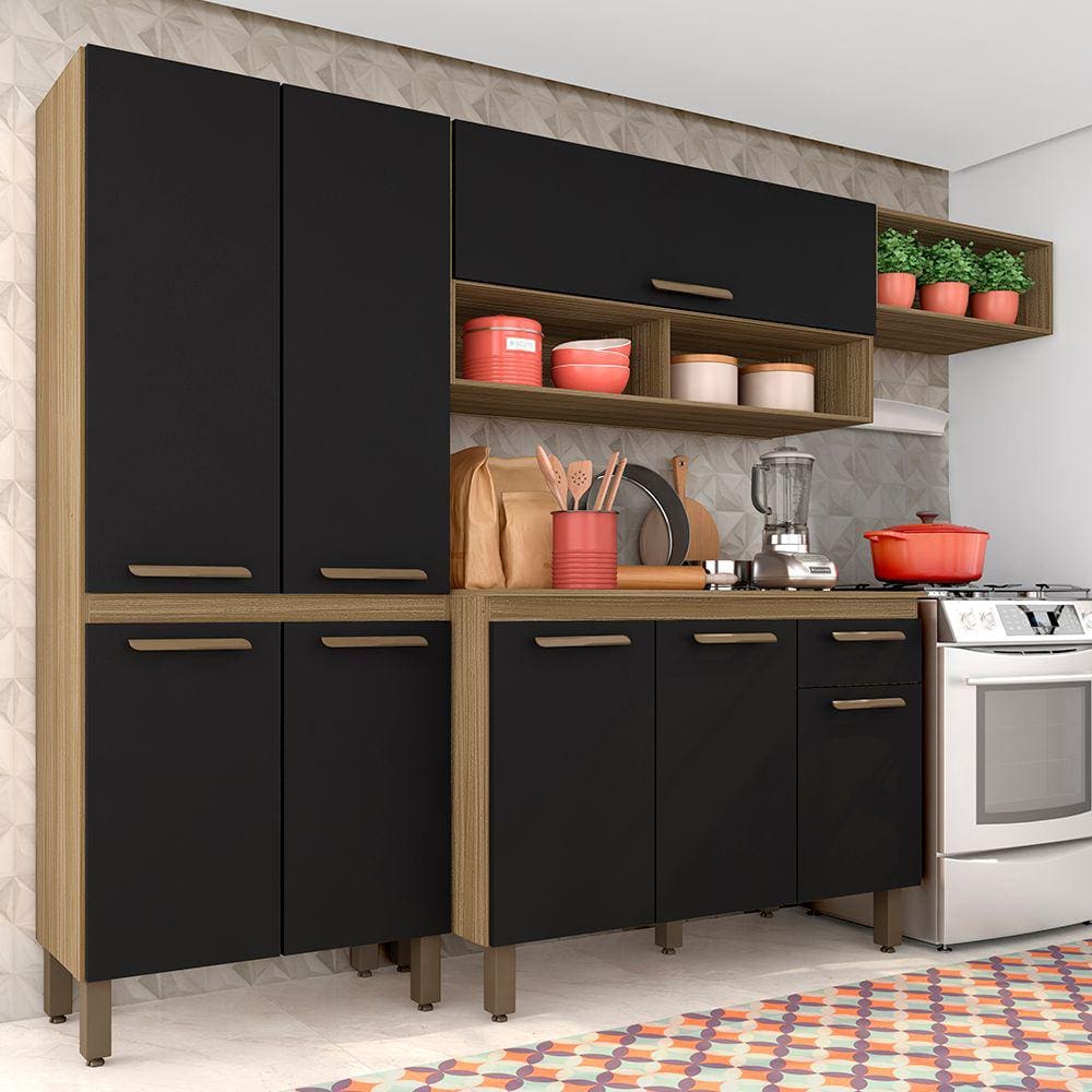 Armário De Cozinha Modulada Tieli 4 Peças Bor/preto - Móveis Arapongas