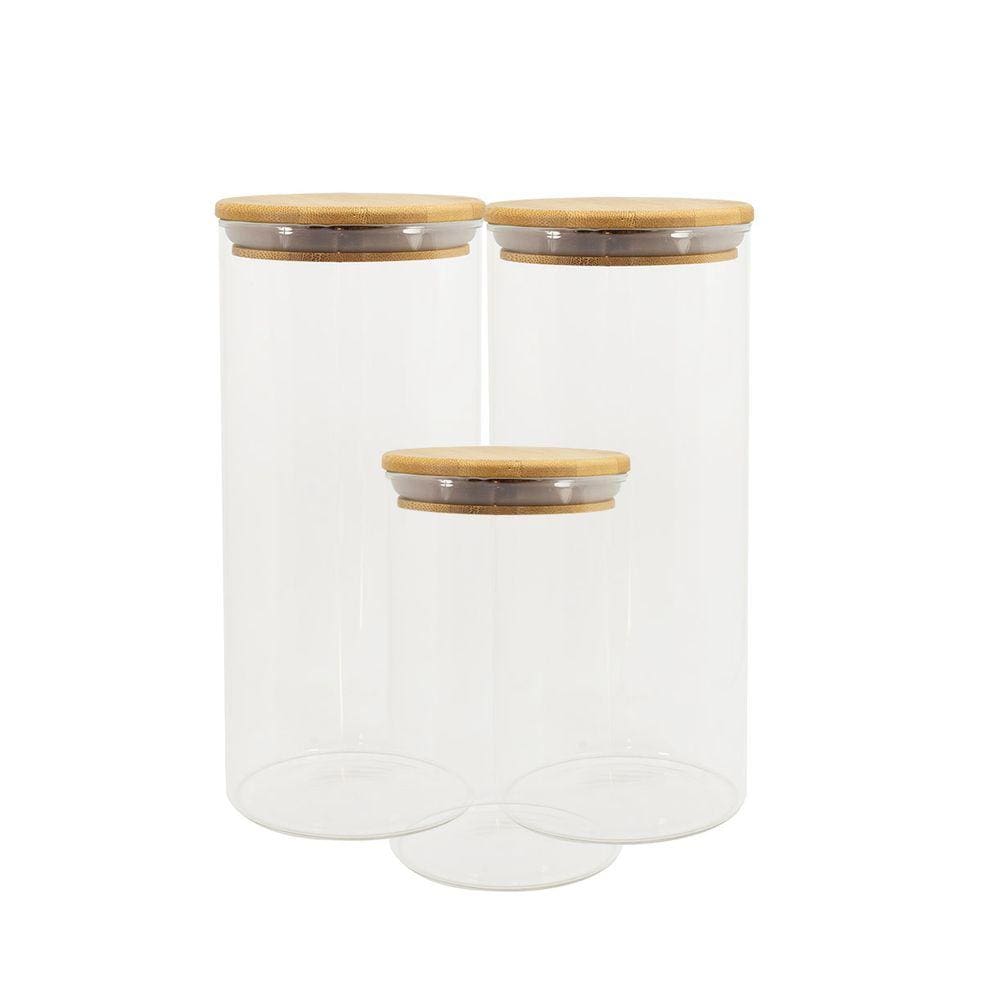 Conjunto 3 potes vidro herméticos c/ tampa de bambu - OIKOS