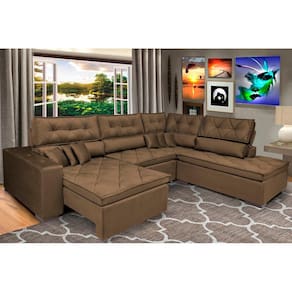 Sofa de Canto Retrátil e Reclinável com Molas Cama inBox Platinum 3,34x2,36 Tecido Suede Café
