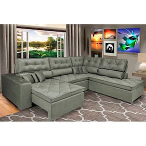 Sofa de Canto Retrátil e Reclinável com Molas Cama inBox Platinum 3,34x2,36 Tecido Suede Cinza