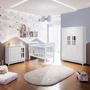 Quarto de Bebê Guarda Roupa 4 Portas Cômoda com Fraldário Gabrielle Berço 3 em 1 Lila Branco Carolina Baby