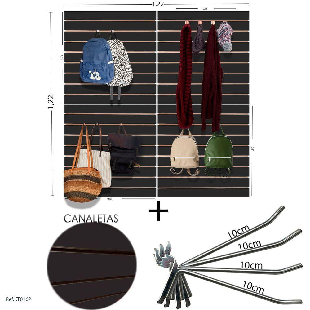 4 Paineis Canaletados - 0,61 X 0,61 + 100 Ganchos 10CM + Canaleta PRETA