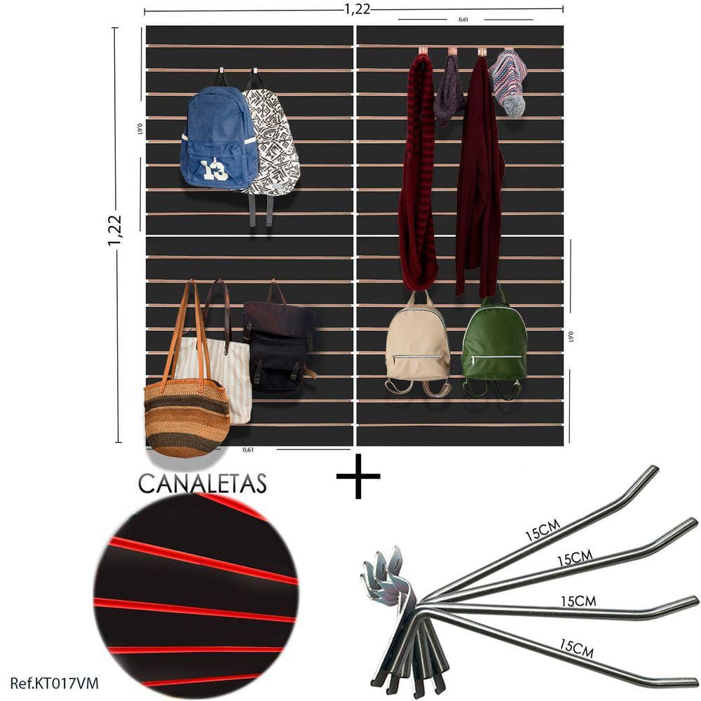 4 Paineis Canaletados - 0,61 X 0,61 + 100 Ganchos 15CM + CANALETA VERMELHA