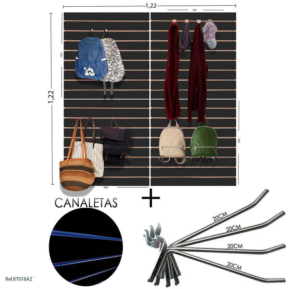 4 Paineis Canaletados - 0,61 X 0,61 + 100 Ganchos 20CM + Canaleta AZUL