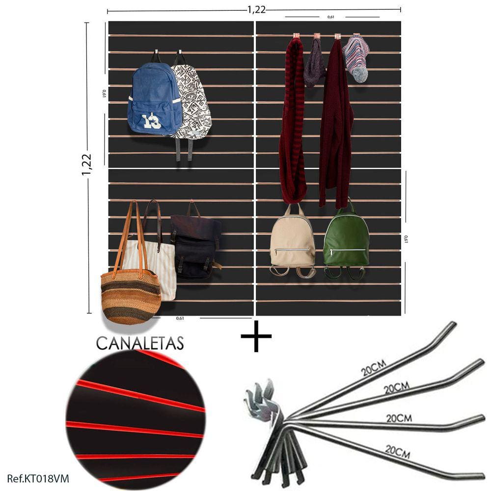 4 Paineis Canaletados - 0,61 X 0,61 + 100 Ganchos 20CM + CANALETA VERMELHA