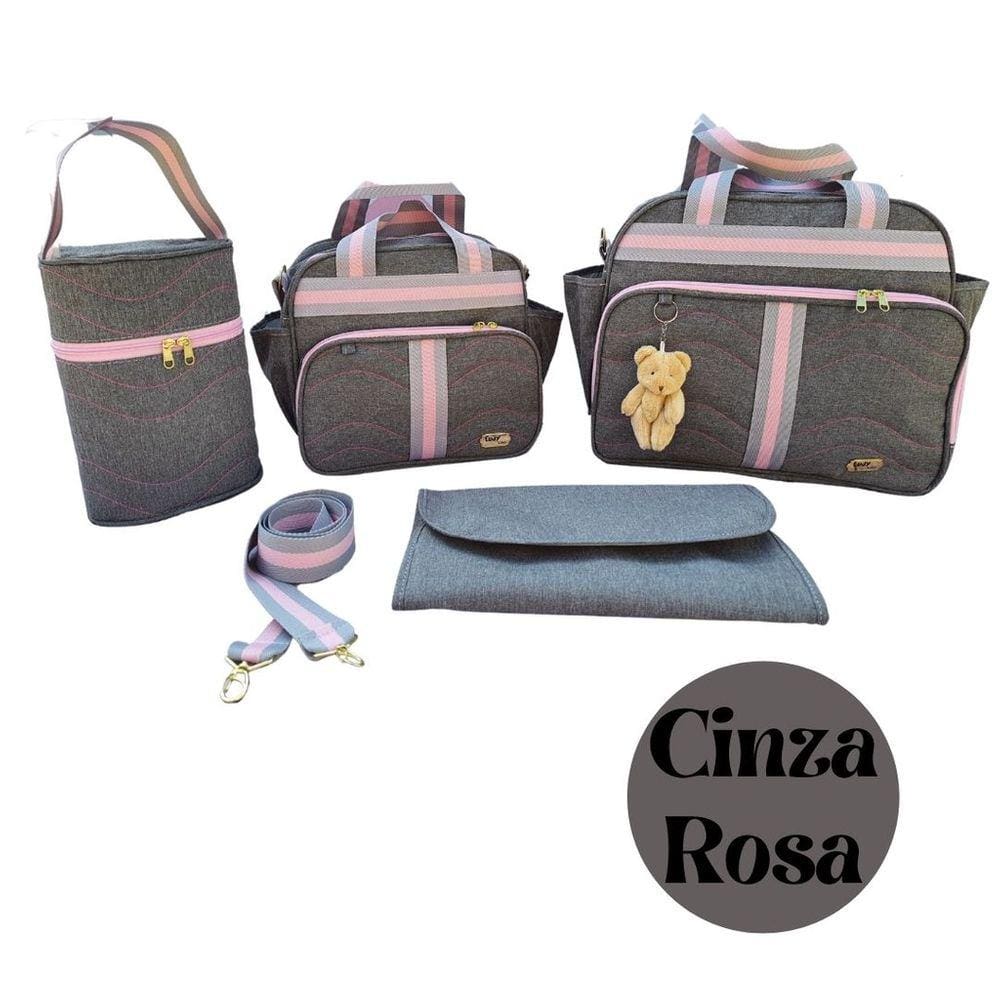 Kit Bolsa Maternidade 4 Peças Luxo Faixa - Cinza/Rosa