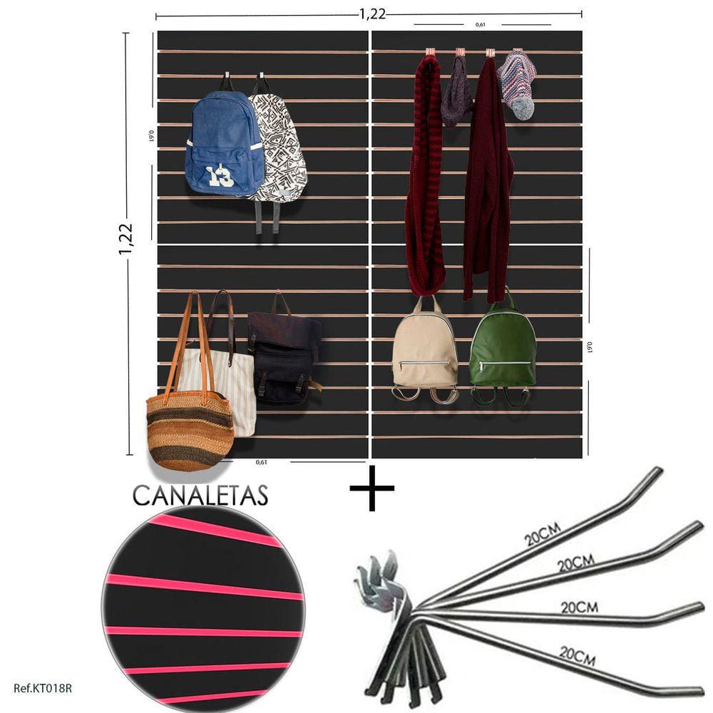 4 Paineis Canaletados - 0,61 X 0,61 + 100 Ganchos 20CM + Canaleta ROSA
