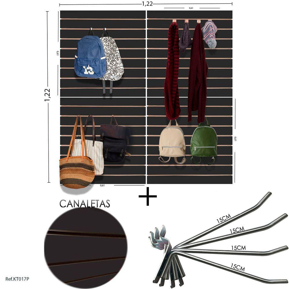 4 Paineis Canaletados - 0,61 X 0,61 + 100 Ganchos 15CM + CANALETA PRETA