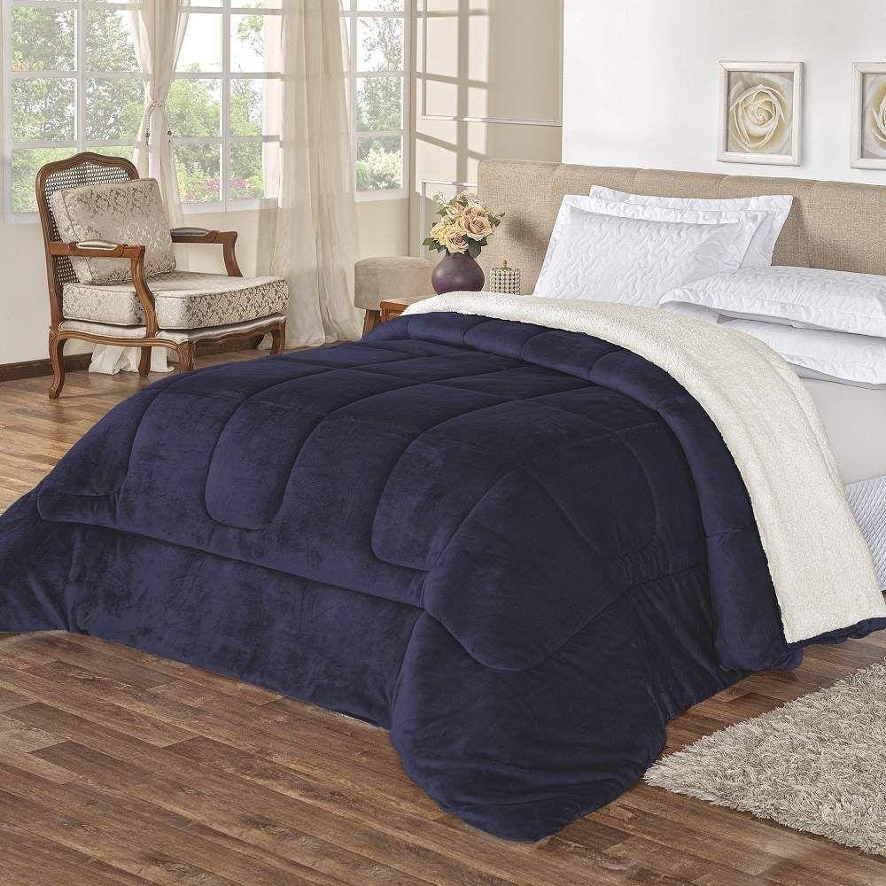 Coberdrom Casal Noruega Sherpa + Manta Flannel 1Pç - Azul
