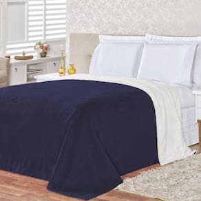 Cobertor Queen Colorado Sherpa + Manta Flannel 1Pç - Marinho