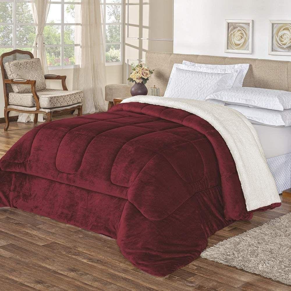 Coberdrom King Noruega Sherpa + Manta Flannel 1Pç - Vinho