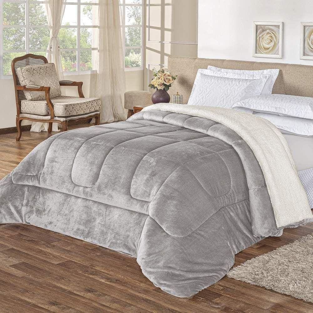 Coberdrom King Noruega Sherpa + Manta Flannel 1Pç - Cinza